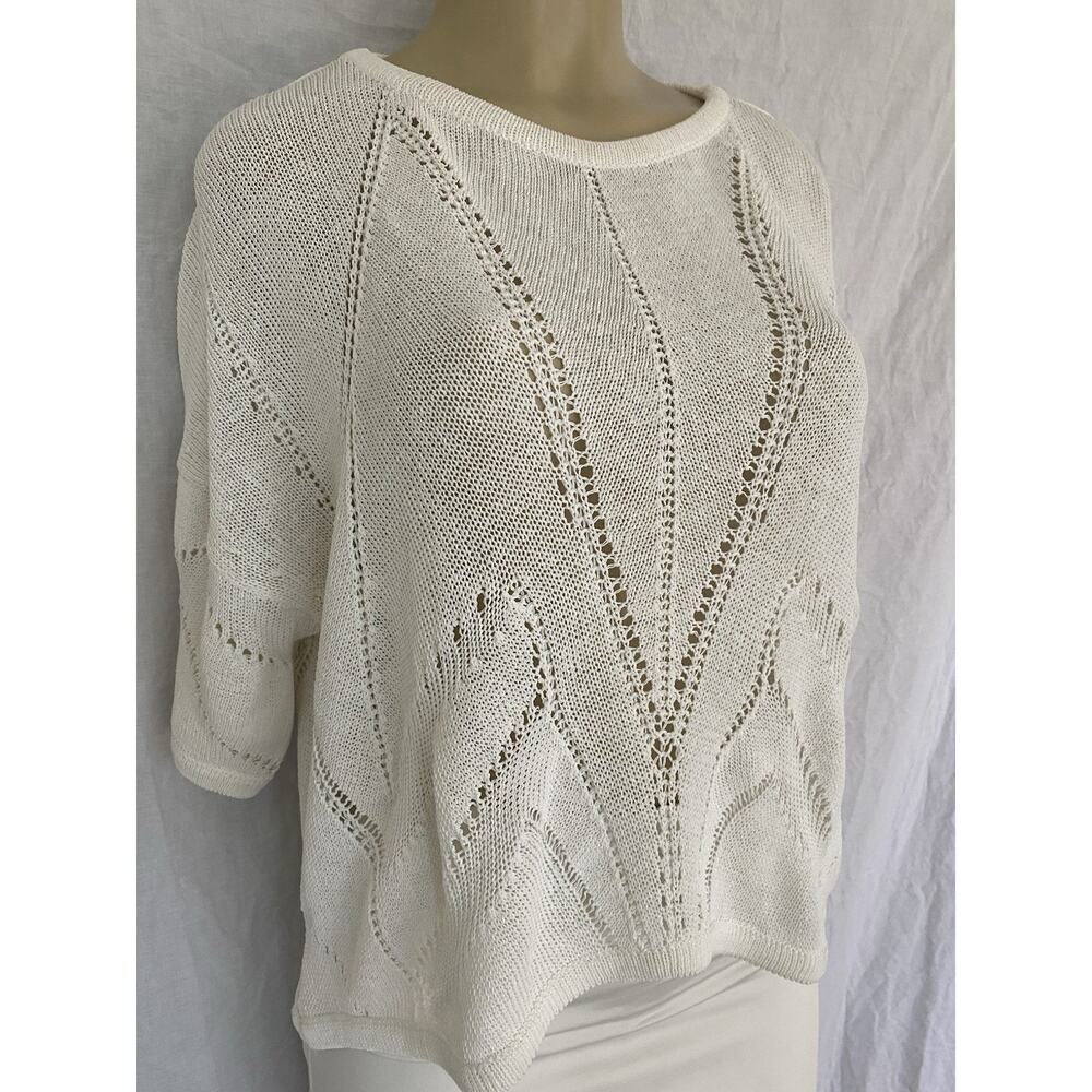 HELMUT LANG Fractured Lace Short Drop Sleeve Linen Sweater Top Blouse White M - Picture 4 of 10